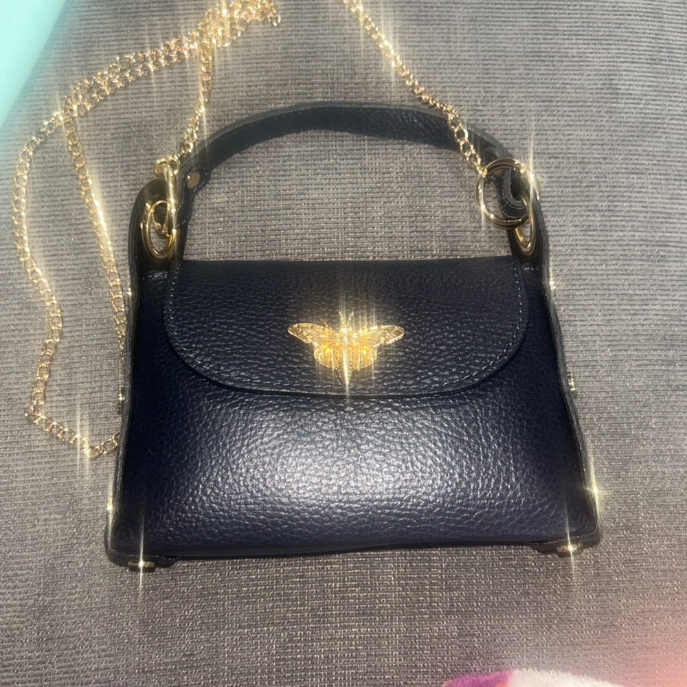 Vera Pelle Navy Little Bee” Bag in Genuine Leather Made in Italy NWOT - Picture 3 of 8
